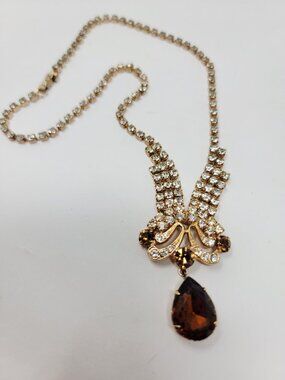 Gold Tone Rhinestone Necklace Brown Teardrop Pendant Statement